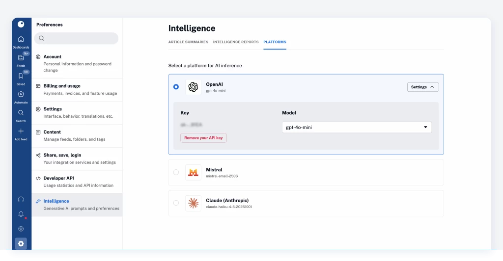 Choose your AI platform for Intelligence features | Inoreader blog