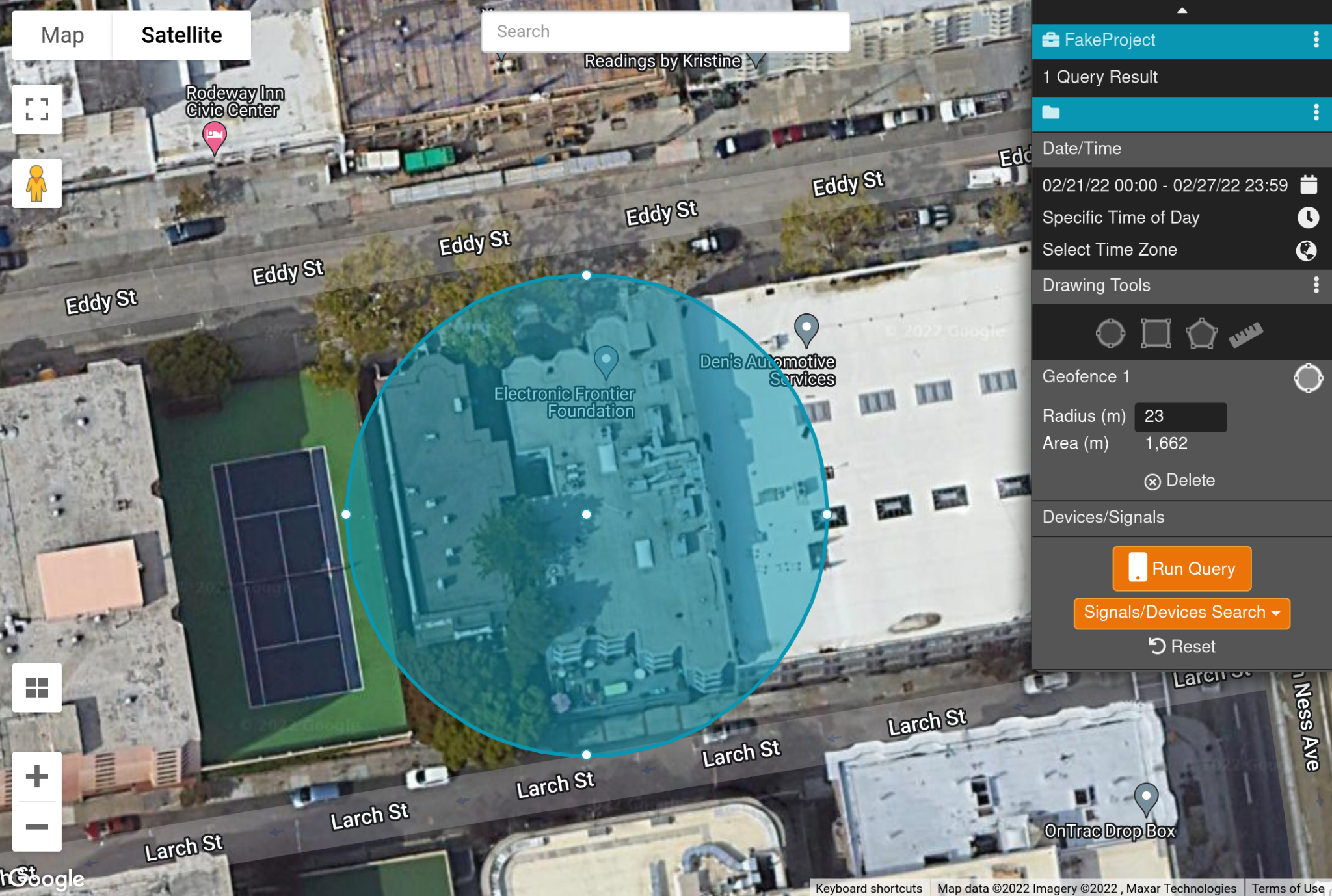 A circular geofenced query is overlaid on a Google Maps view of the EFF office in San Francisco.