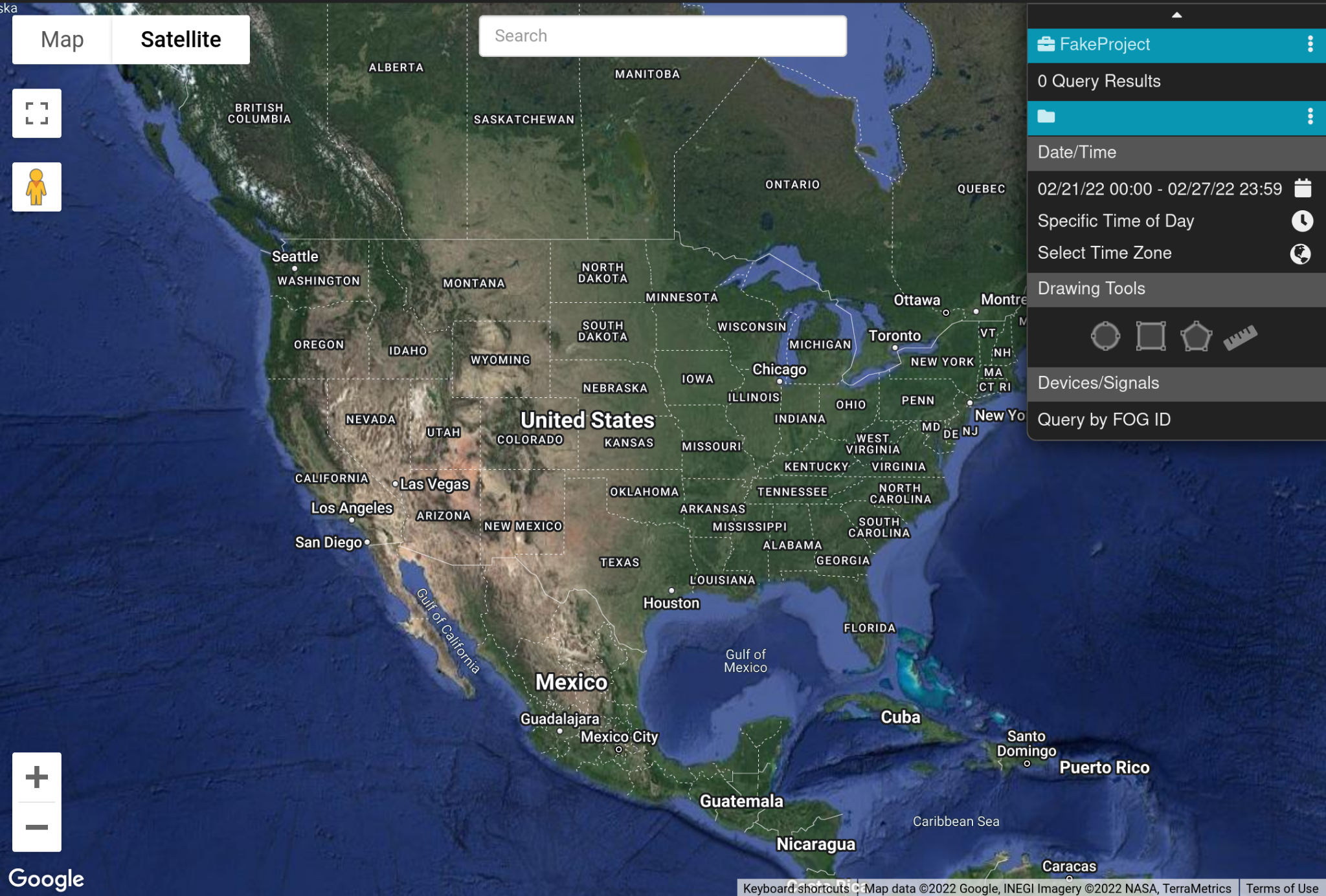 A screenshot of our facsimile of FOG Reveal. A Google Maps view of the United States is accompanied by multiple widgets for performing geofenced queries.