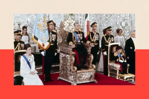 Popperfoto via Getty Images The coronation of Mohammad Reza Pahlavi (1919-1980) as Shah of Iran with Queen Farah Pahlavi on left and Reza Pahlavi, Crown Prince of Iran on right