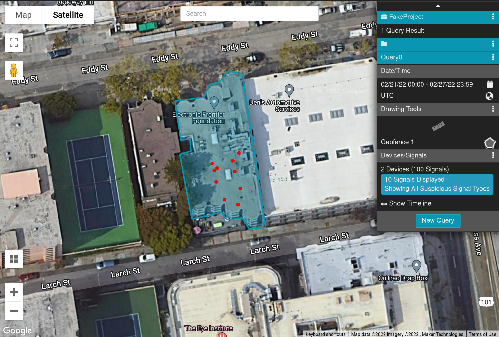 Red dots indicate device signals within the geofenced query of EFF's office in San Francisco.