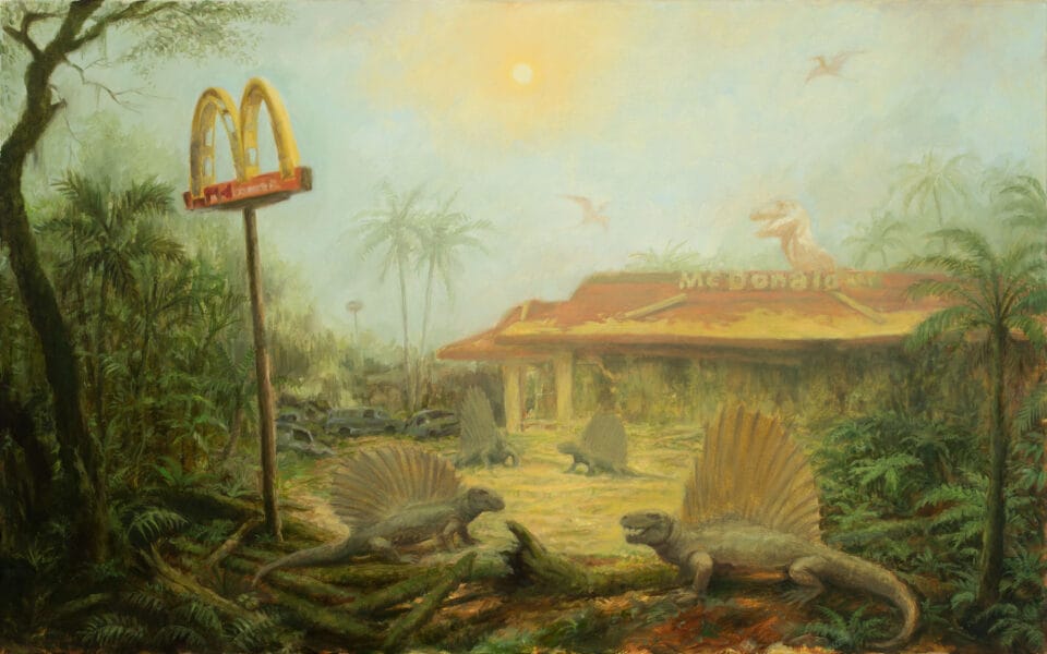 Four Dimetrodons explore the area outside of an abandoned McDonald's restaurant