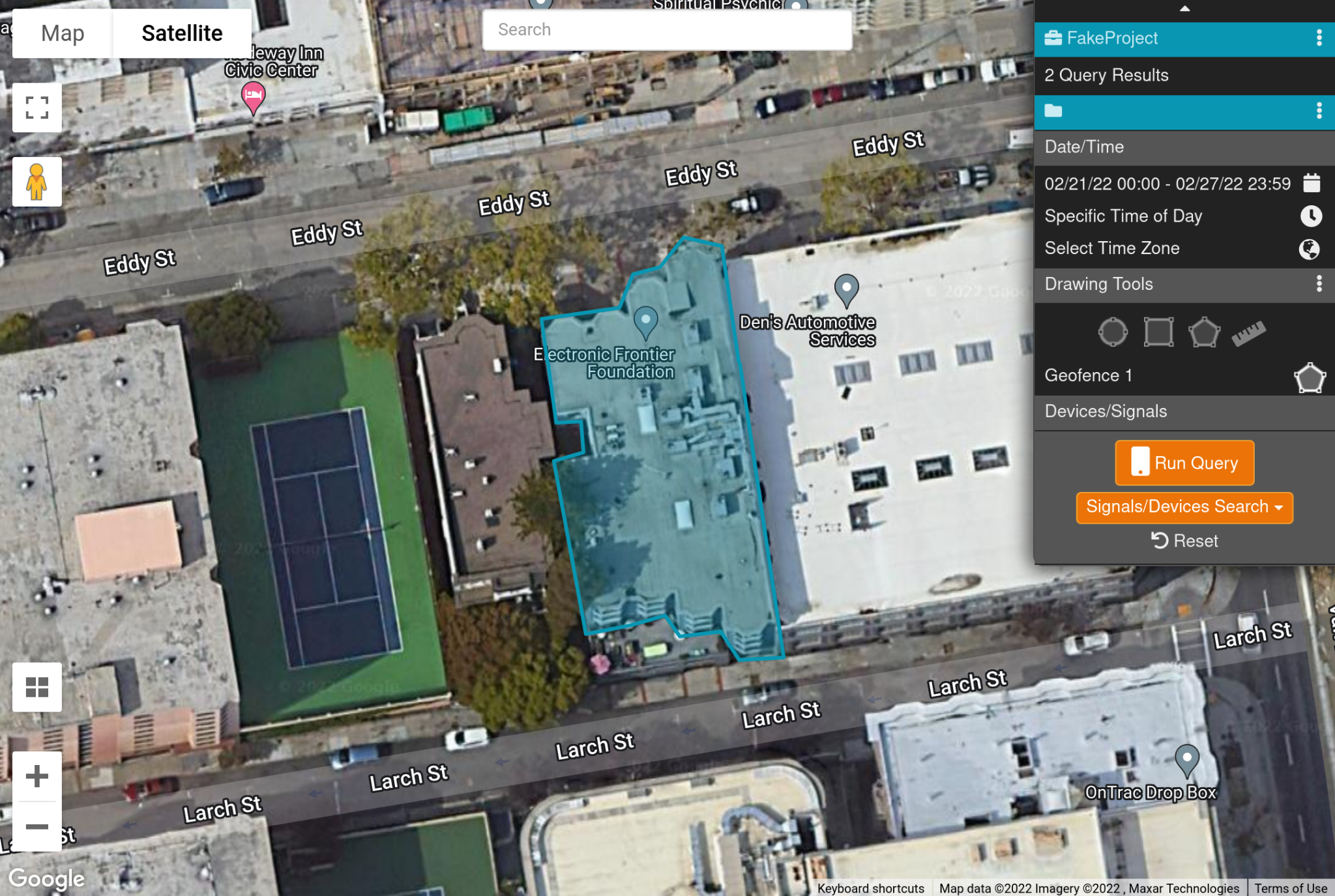 A more detailed geofenced query is overlaid on a Google Maps view of the EFF office in San Francisco.