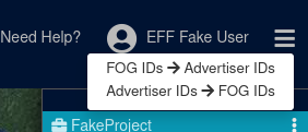 A menu with two entries: "FOG IDs -> Advertiser IDs" and "Advertiser IDs -> FOG IDs"
