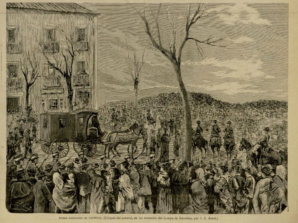 Otero conducido al patíbulo. Croquis del natural, en las cercanías del Campo de Guardias, por J. S. Amat. ( La Correspondencia Ilustrada . Madrid, 15 de abril de 1880).