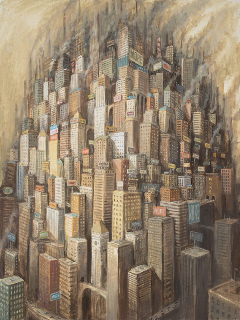 A cityscape of buildings growing upward, almost as if stacked onto each other