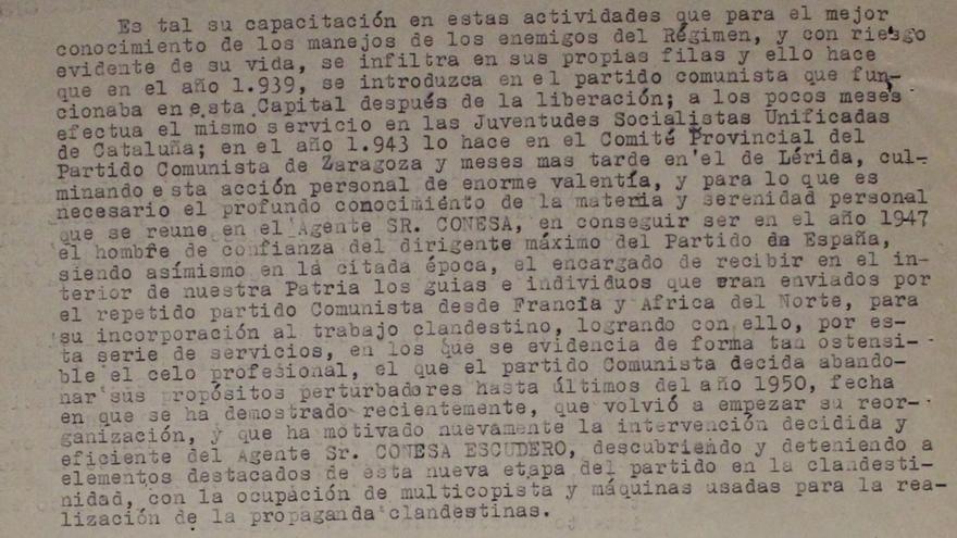 Fragmento de una carta del jefe superior de Policía de Madrid al ministro de Gobernación sobre las actividades de Conesa.