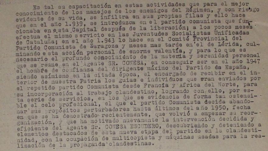 Fragmento de una carta del jefe superior de Policía de Madrid al ministro de Gobernación sobre las actividades de Conesa.