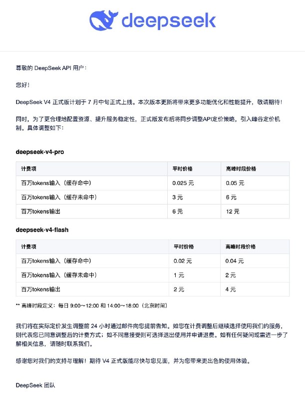 🤖 DeepSeek V4 正式版計劃 7 月中旬上線，引入峰谷定價機制