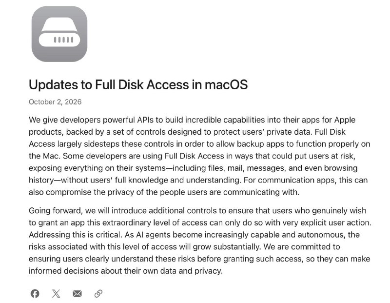 苹果将收紧 macOS “完全磁盘访问”权限